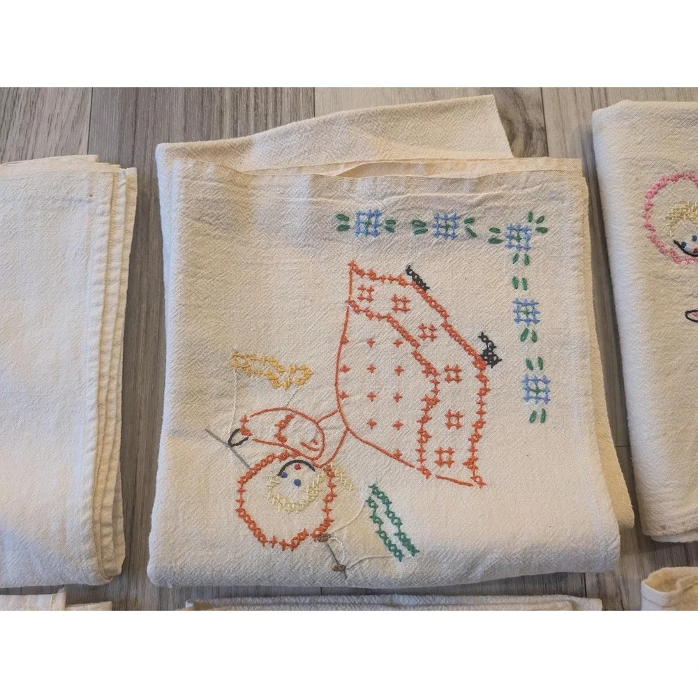 Set of 6 Vintage Hand Embroidered Flour Sack Towels, Days of the Week Linens